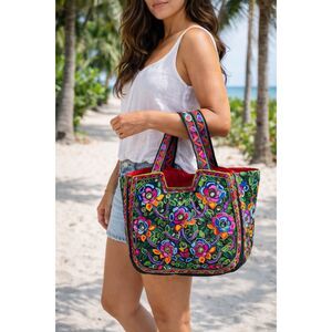 Boho Embroidered Floral Tote Bag Mirrored Tapestry Beach Handbag Vibrant NWOT